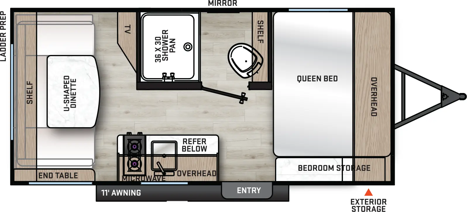 The 154RDX has zero slideouts and one entry. Exterior features exterior storage, 11 foot awning, and ladder prep. Interior layout front to back: side-facing queen bed with overhead cabinet and door side storage; off-door side bathroom with toilet, shelf, mirror, and shower only; door side entry, kitchen counter with refrigerator below, sink, cooktop, and overhead cabinet with microwave; TV cabinet along inner wall of bathroom; rear u-shape dinette with shelf, and door side end table.